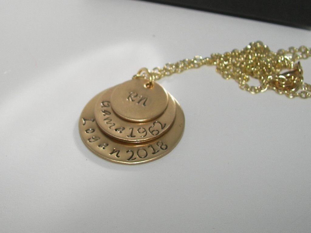 3 layer mothers necklace in brass nugold, nurse graduration gift, custom hand stamped jewelry , personalized jewelry necklace for her, view 4