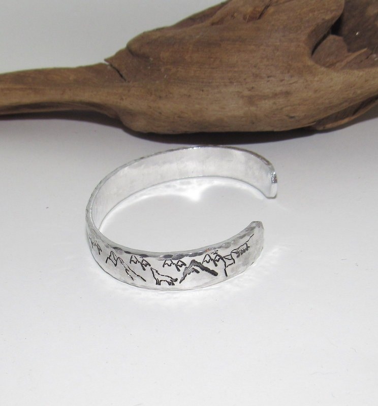 Mountain and tree theme stamped cuff bracelet, mountain lover gift, adjustable silver cuff, stamped jewelry, view 3