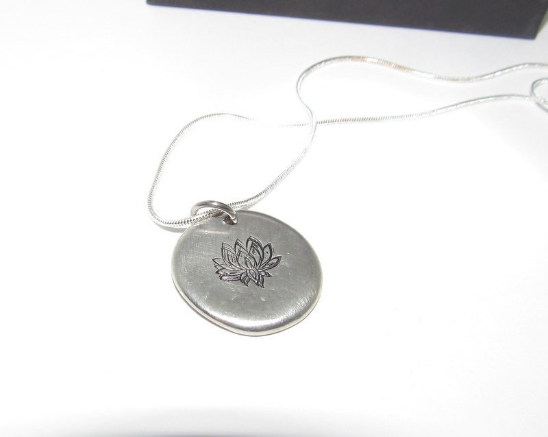 pewter Lotus necklace, Yogo lotus necklace, custom hand stamped jewelry, spiritual necklace, view 4