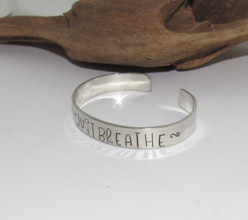 Let go just breath affirmation cuff bracelet, pewter jewelry, best friend gift, personalized bracelet for her, handstamped jewelry, view 4