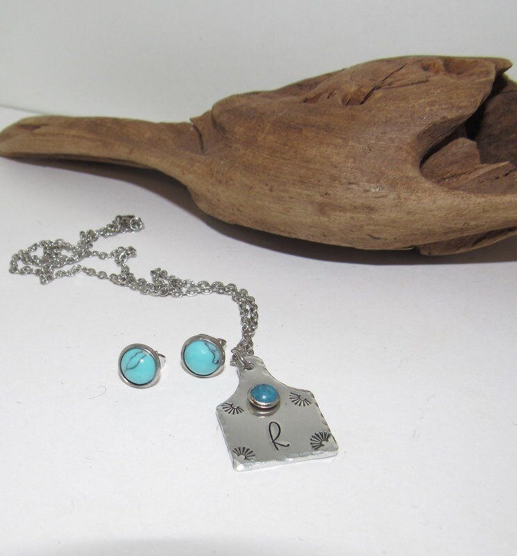 Initial necklace and earring set , personalized necklace pendant, Boho western theme necklace, western jewelry for her, pendant necklace