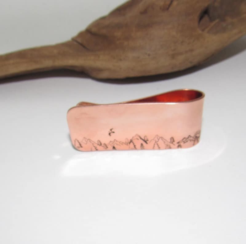 Hand Stamped Rustic gift for Dad, Copper Money Clip for Nature Adventure Travel lover, Gift for Husband Grandpa Best Man or Groomsman, view 4