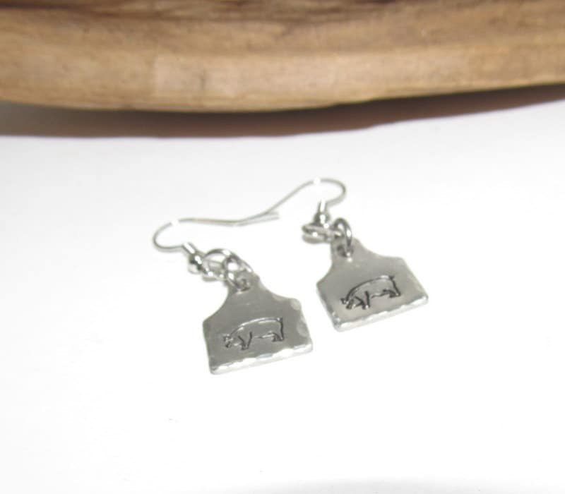 pig earrings, dangle drop earrings, farm animal jewelry, farm life jewelry , personalized earrings , stamped jewelry, bff cow lover gift, view 4