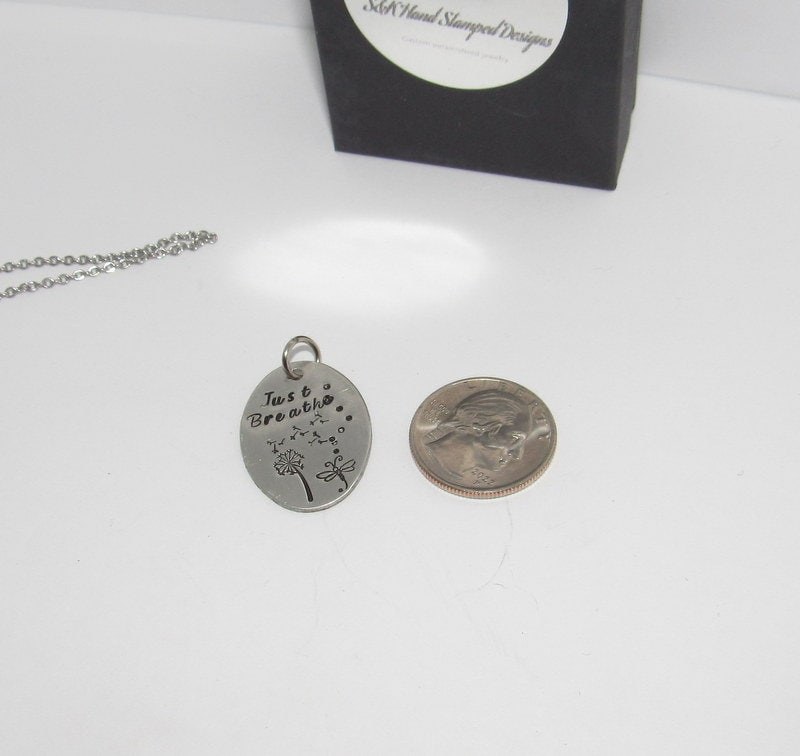 Just breathe dandelion necklace, dragonfly necklace, personalized jewelry for mom, Mothers custom hand stamped jewelry, handstamped jewelry, view 5