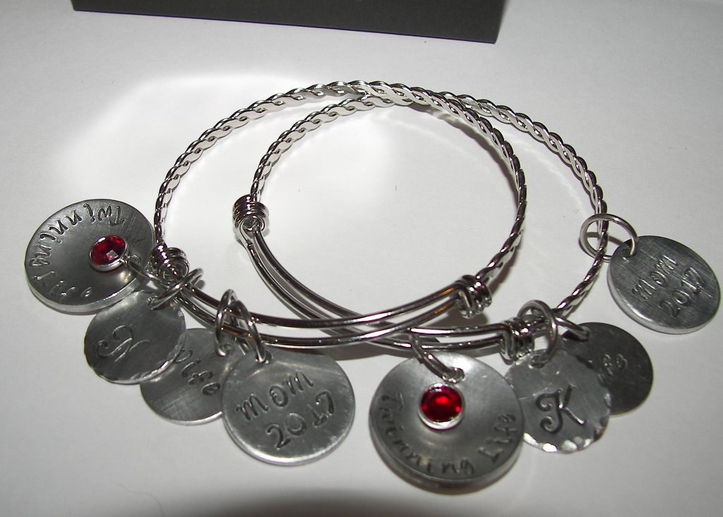 adjustable bangle charm bracelet with kids names and birth stones, personalized jewerly bangle, custom hand stamped jewelry, view 2
