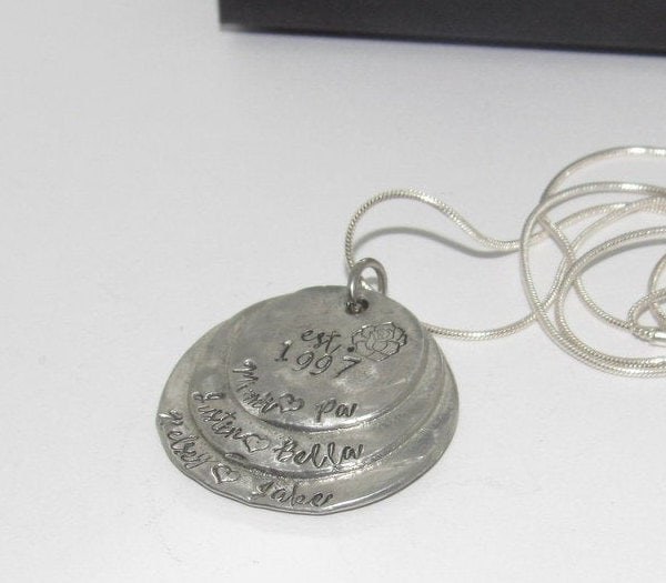 3 layer pewter mothers necklace with kids names, grandmothers necklace , custom hand stamped jewelry , personalized jewelry, view 2