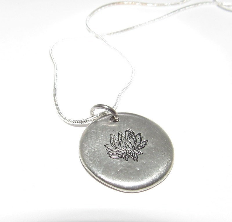 pewter Lotus necklace, Yogo lotus necklace, custom hand stamped jewelry, spiritual necklace