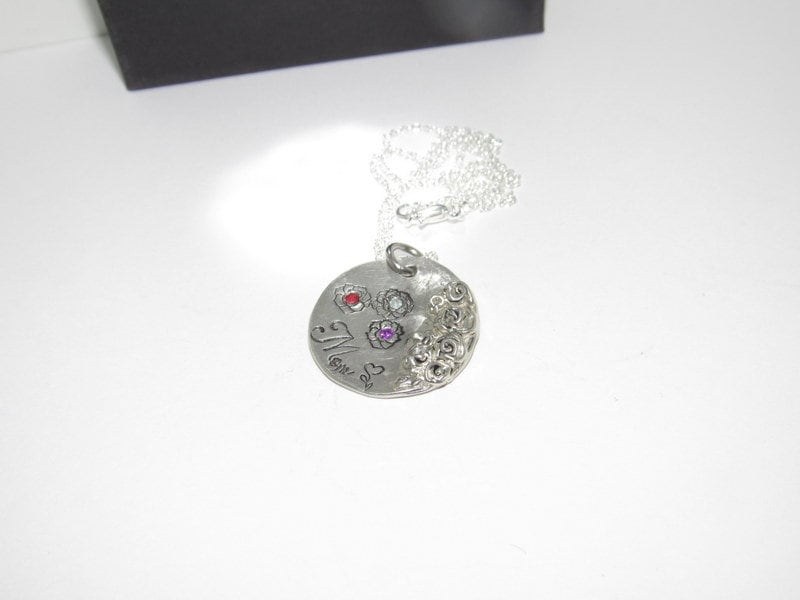 Personalized mom necklace with birthstone, Pewter family charm necklace, mothers jewelry, custom hand stamped jewelry gift for grandma, view 3
