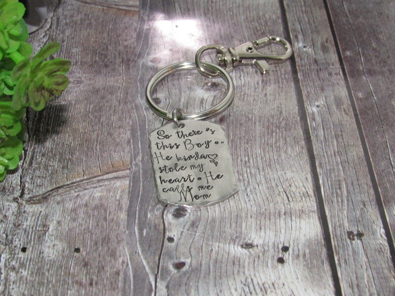 Pewter So there's this boy that stole my heart they call me mom, Key ring with kids names, custom personalized hand stamped jewelry, view 3