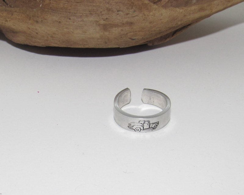 Old truck ring, little red truck ring, Personalized Adjustable stamped ring, truck lover stamped jewelry, boho ring, view 5