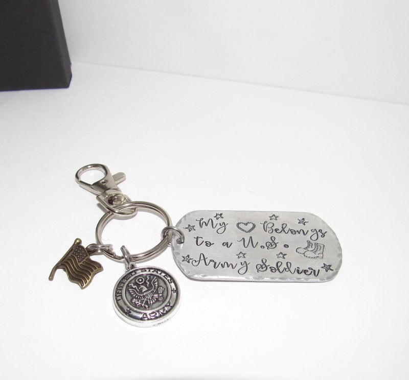 My hearts belongs to a soldier keychain, Military wife gift, Army wife gift, Marine wife gift, custom stamped keychain, view 3