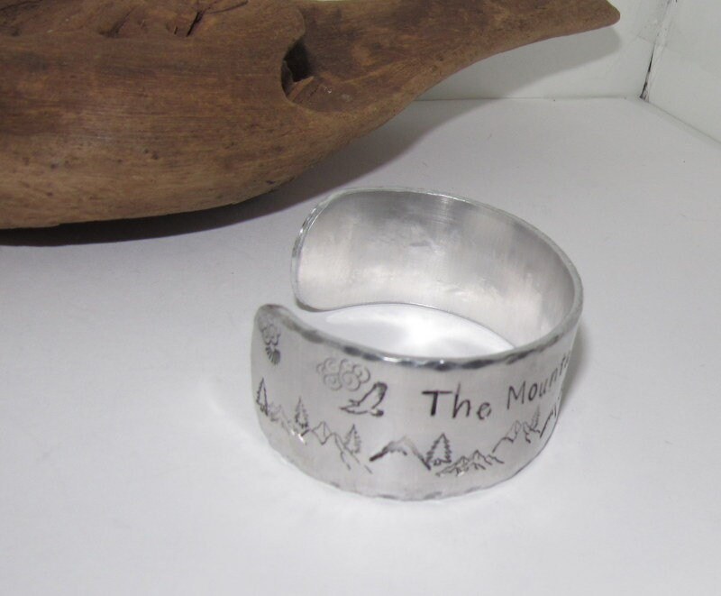 The mountains are calling cuff, Mountain theme Wide silver bracelet, adjustable personalized cuff, stamped silver cuff bracelet,, view 4
