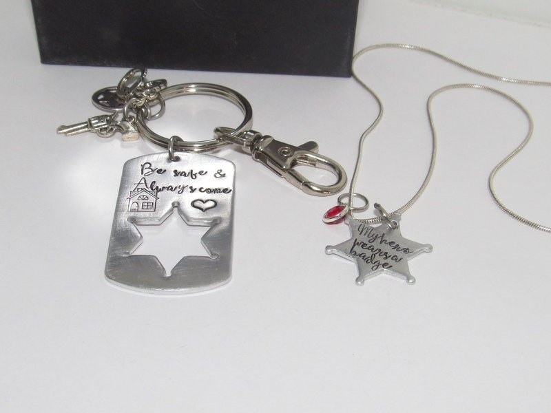 My Hero wears a badge, Deputy wife necklace, gift for law enforcement wife, wife of a deputy gift, blue line support jewelry, view 3