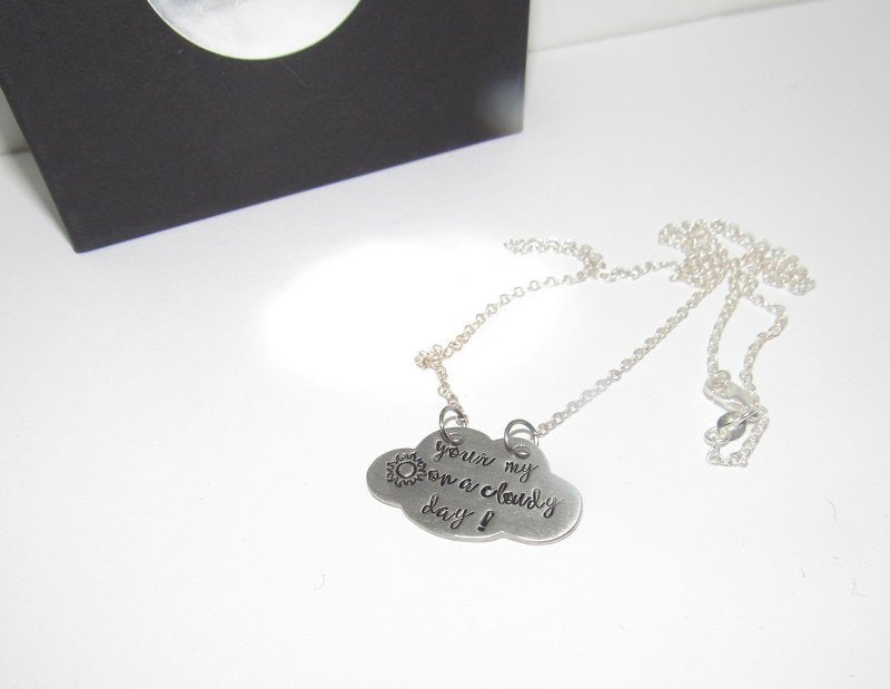 You are my sunshine on a cloudy day necklace, personalized pewter silver stamped jewelry, custom stamped jewelry, mother daughter necklace, view 4