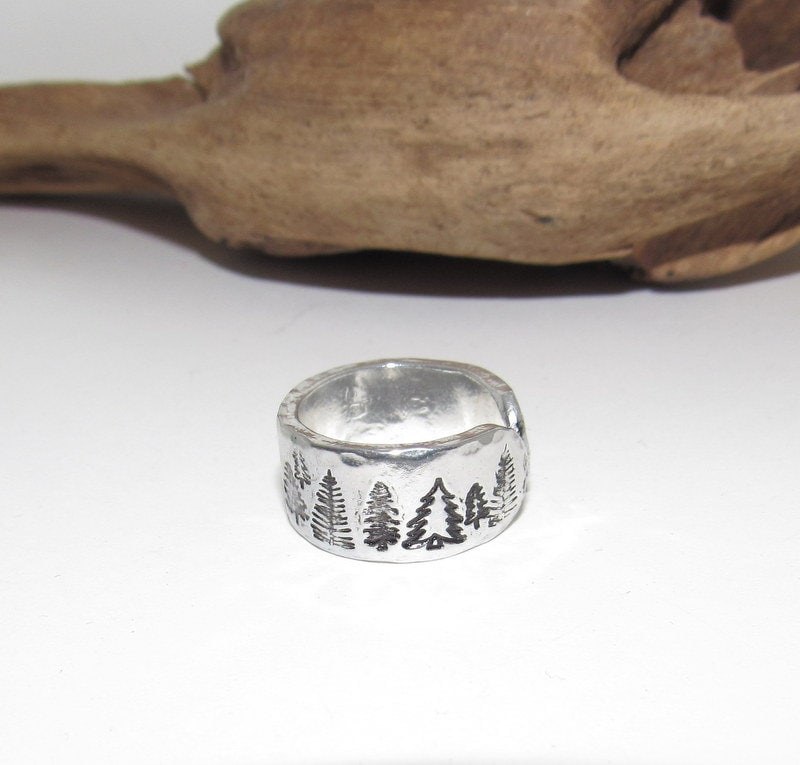 Sterling silver Trees Inspirational Ring, Unisex thumb ring, Nature Inspirational Ring, Personalized Stamped Ring, Forest Hand Stamped Ring