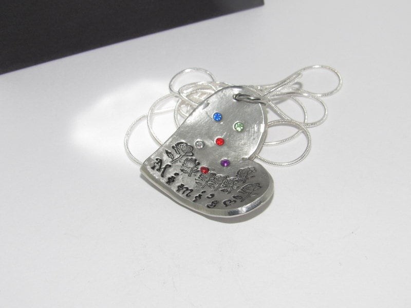 Personalized mom necklace with birthstone, Pewter family charm necklace, mothers jewelry, custom hand stamped jewelry gift for grandma, view 4