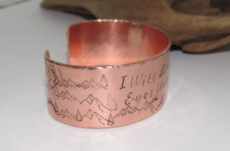 I will lift up my eyes, Wide copper Mountain bracelet with trees, adjustable copper cuff, stamped copper cuff bracelet,, view 6