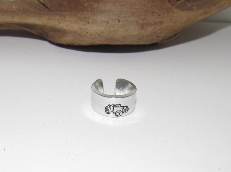Pewter silver Off road truck ring, rock climber ring, Personalized Adjustable stamped ring, stamped truck jewelry, boho ring, view 4
