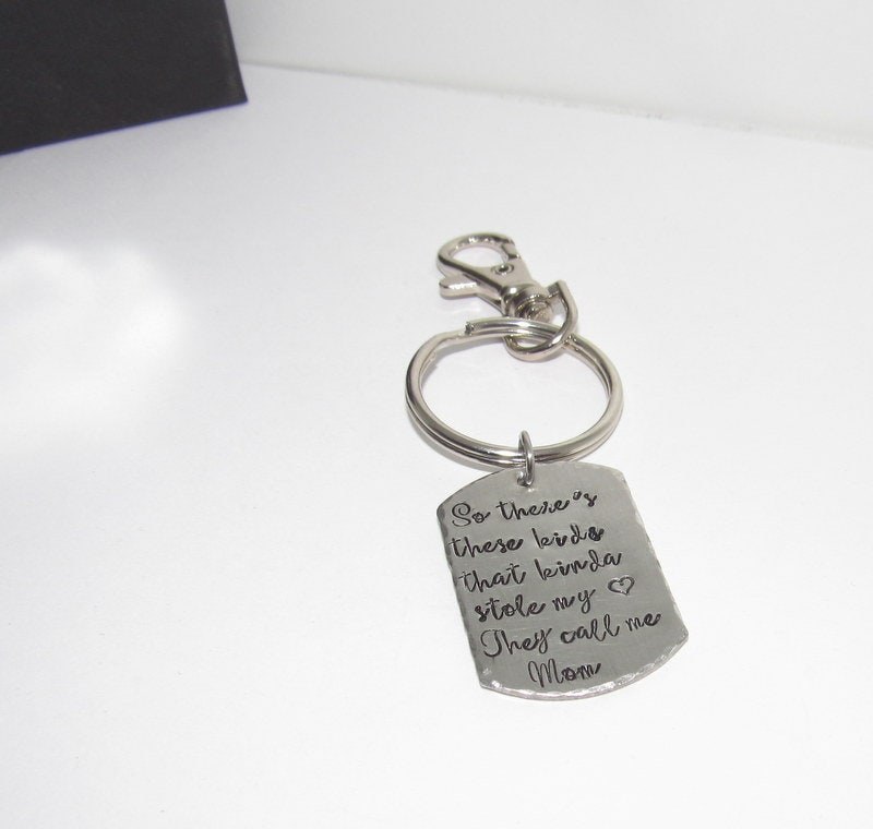 Pewter So there's these kids that stole my heart they call me mom or dad, Key ring with kids names, custom personalized handstamped jewelry, view 3