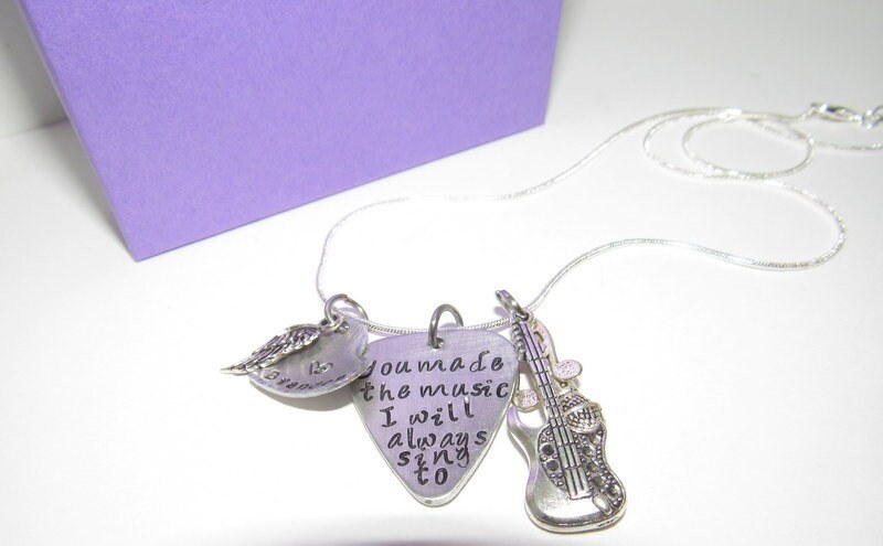 Pewter jewelry , The music I sing to memorial guitar pick necklace, personalized jewelry , custom hand stamped jewelry, handstamped jewelry, view 3