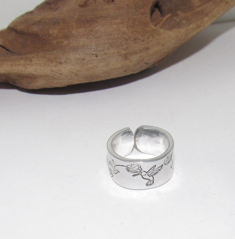 Sterling silver Humming bird Adjustable stamped ring, bird lover silver ring, inspiration rings adjustable ring, stamped jewelry,, view 2