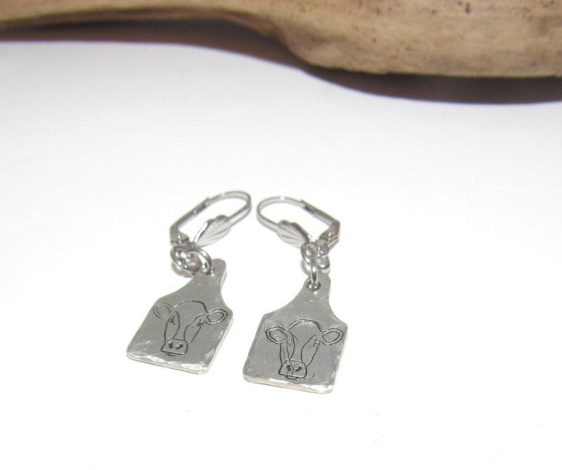 cow earrings, dangle drop earrings, farm animal jewelry , farm life jewelry , personalized earrings , stamped jewelry, bff cow lover gift, view 5