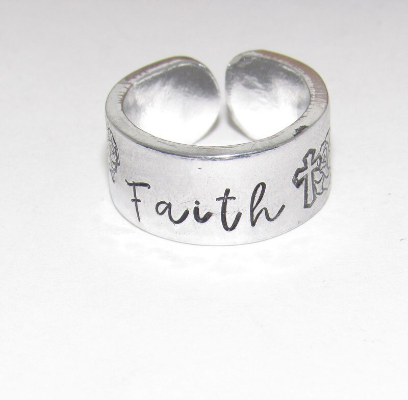 Faith Adjustable stamped ring, Faith aluminum ring, inspiration rings, adjustable silver ring, stamped jewelry,, view 2