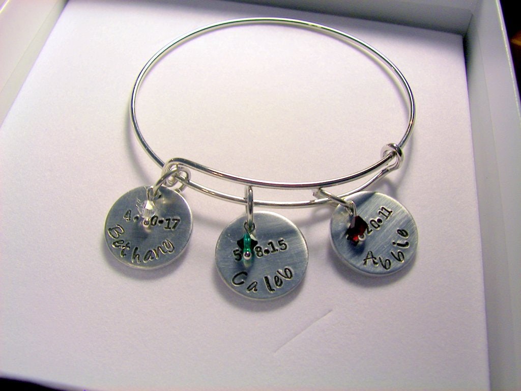 adjustable bangle charm bracelet with kids names and birthstones, personalized hand stamped jewelry bangle, custom handstamped jewelry, view 7