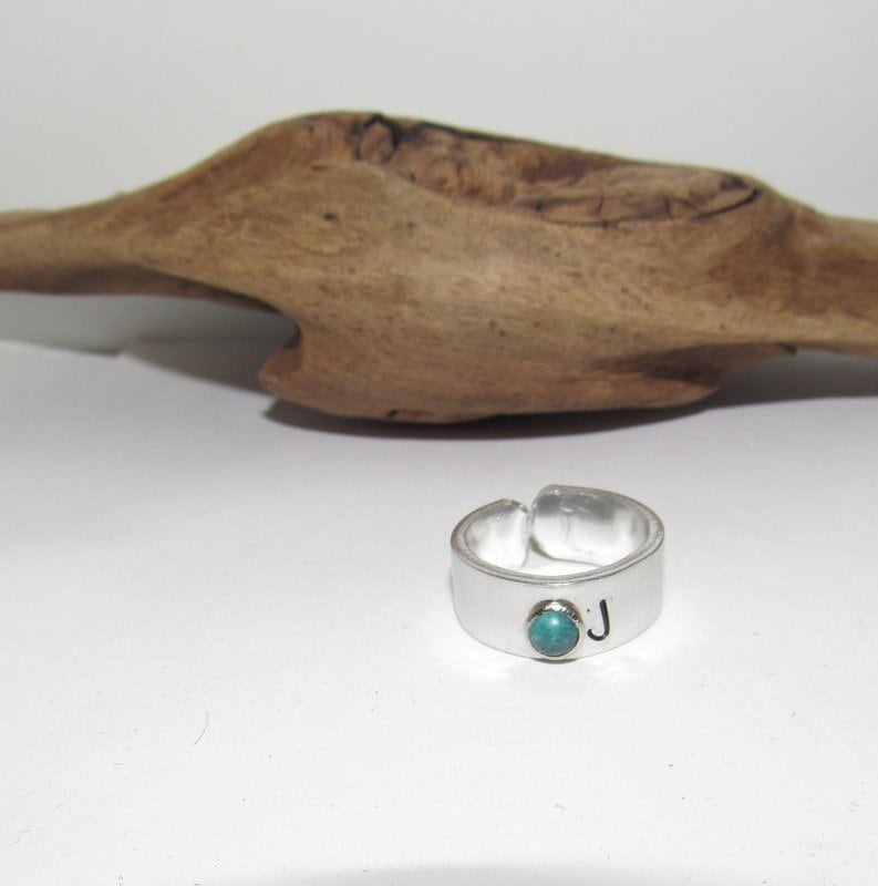 Adjustable initial ring with faux turquoise stone, aluminum initial ring, hand stamped ring, western ring, personalized gift, view 4