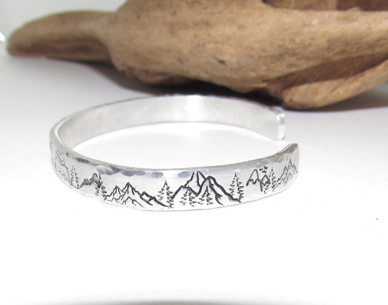 Skinny stacking Mountain cuff, tree cuff bracelet, mountain lover gift, adjustable silver cuff, stamped jewelry, stamped cuff bracelet, view 3