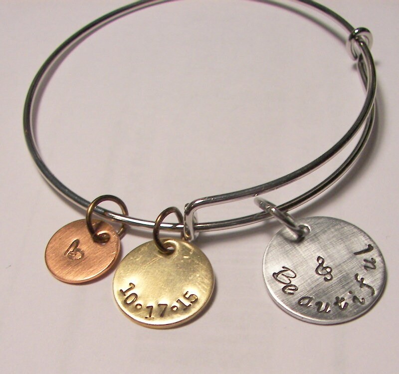 adjustable bangle charm bracelet with kids names and birth stones, personalized jewerly bangle, custom hand stamped jewelry, view 8