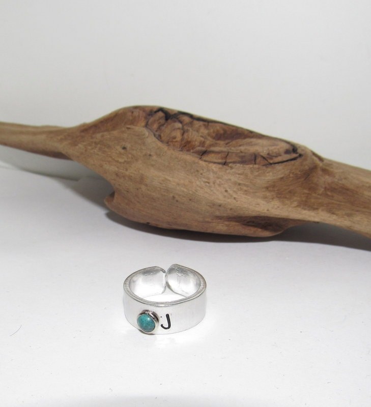 Adjustable initial ring with faux turquoise stone, aluminum initial ring, hand stamped ring, western ring, personalized gift, view 6