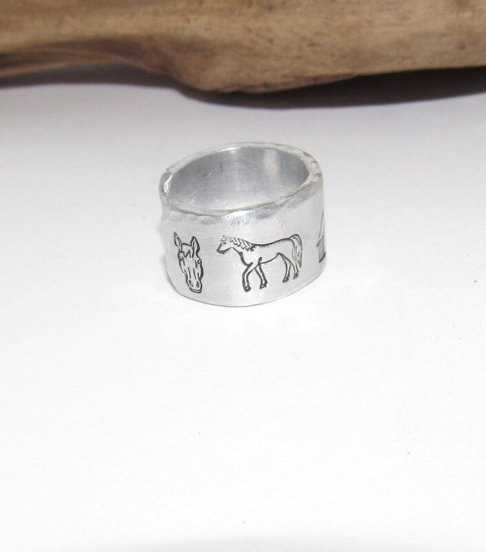Horse barn ring, horse lover Aluminum Hand Stamped Ring, horse lover jewelry personalized adjustable ring, gift for horse lover, view 4