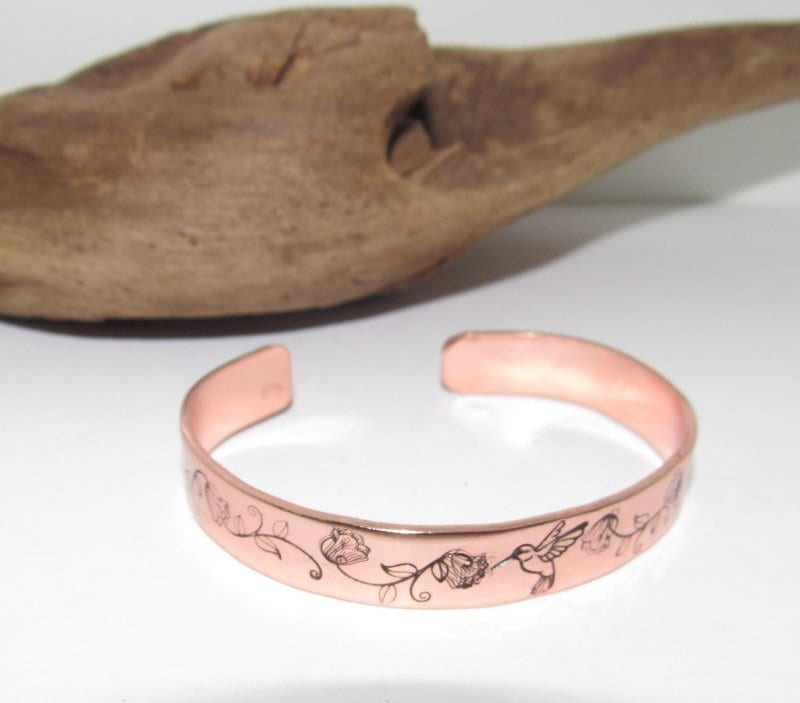ready to ship copper humming bird bracelet, stamped jewelry, personalized gifts for brides maids, nature flower jewelry, view 2