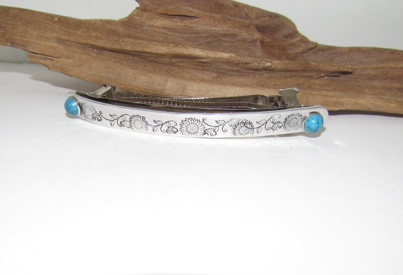 Boho-Chic Hand-Stamped Hair Accessory with sunflower, gift for sunflower lover ,southwestern style hair clip ,, view 2