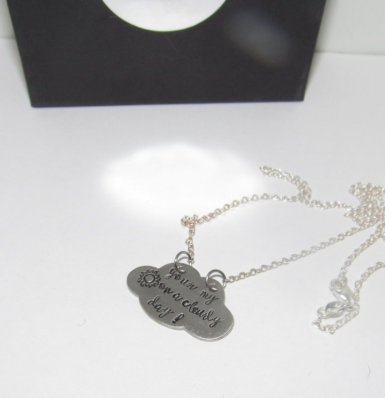 You are my sunshine on a cloudy day necklace, personalized pewter silver stamped jewelry, custom stamped jewelry, mother daughter necklace, view 6
