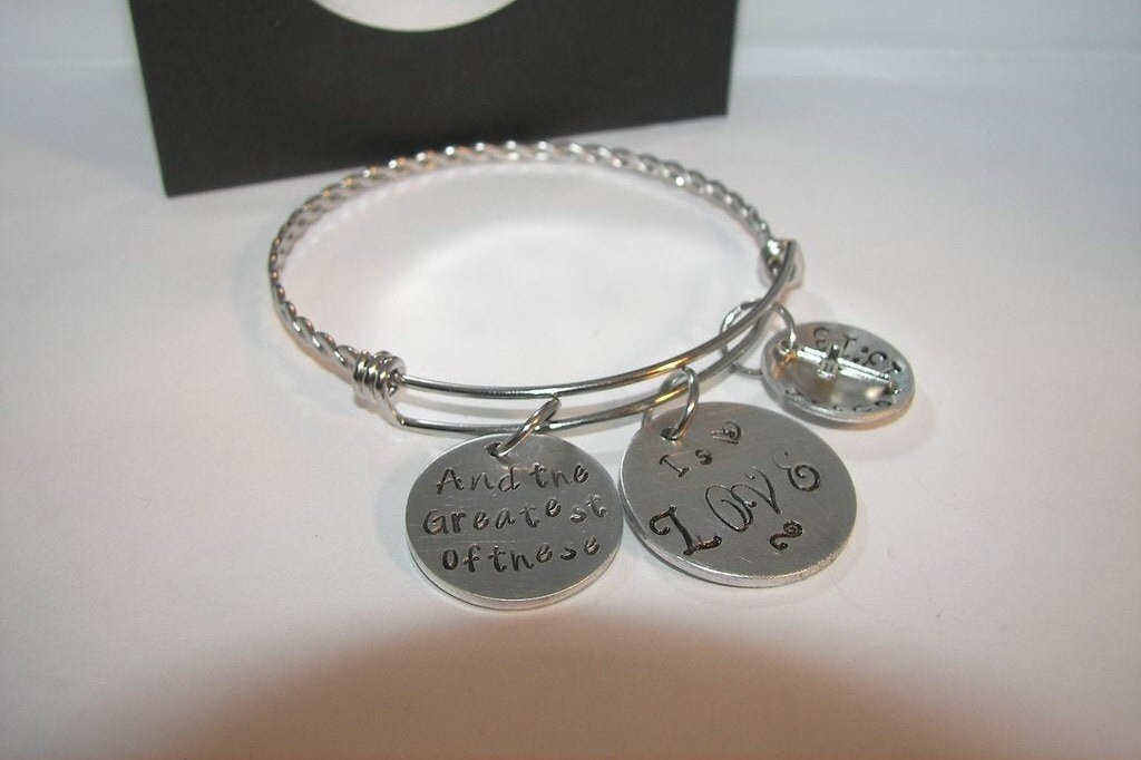 And the greatest of these is love, adjustable bangel hand stamped jewelry inspirational personalized jewelry, corth 13 :13, view 2