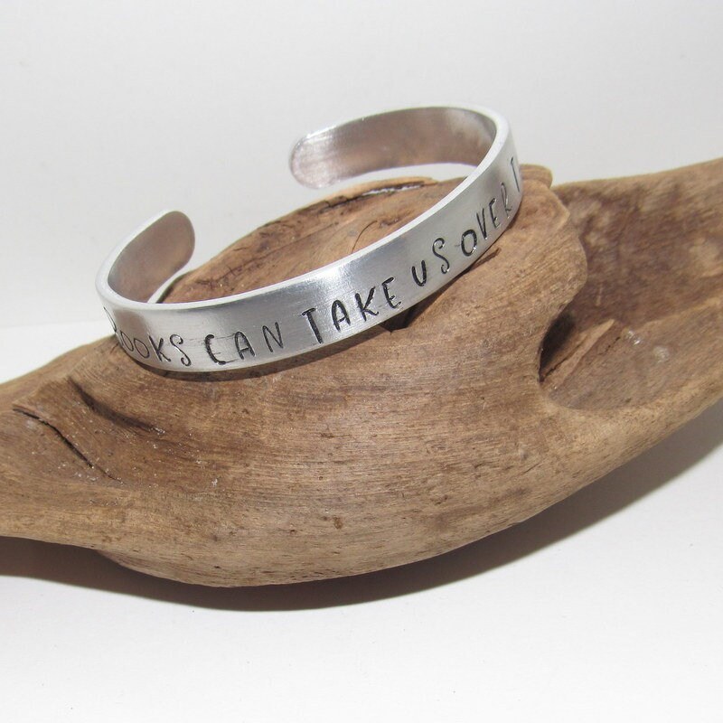 Pewter Books can take us over the rainbow, Personalized Adjustable stamped cuff bracelet, pewter cuff, stamped jewelry,, view 5