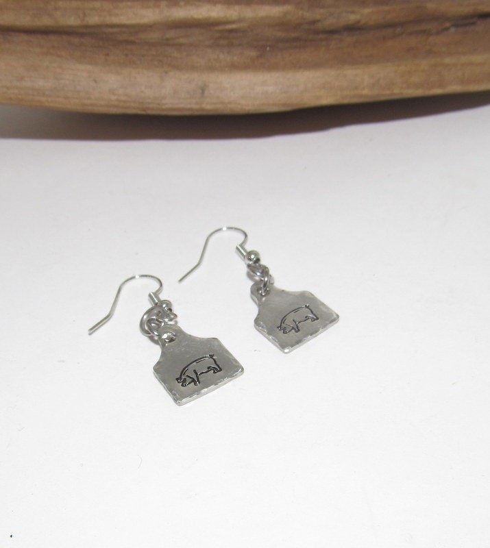 pig earrings, dangle drop earrings, farm animal jewelry, farm life jewelry , personalized earrings , stamped jewelry, bff cow lover gift, view 3