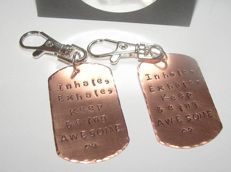 Ready to ship, inhale exhale keep being awesome , key ring, handstamped jewelry, gift for dad, gift for him, gifts for her,