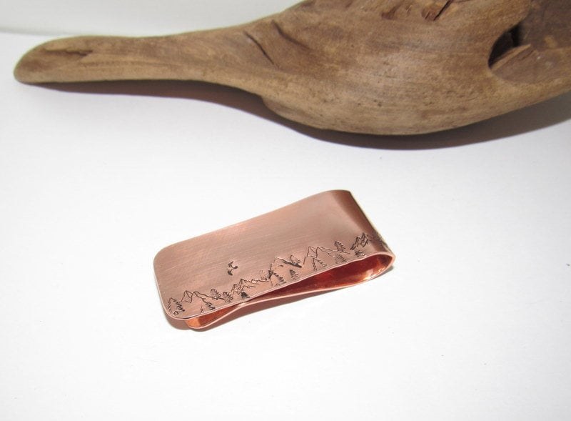 Custom copper mountain theme money clip for dad, western them money clip, groomsmen gift, gift for husband, graduation gift for him