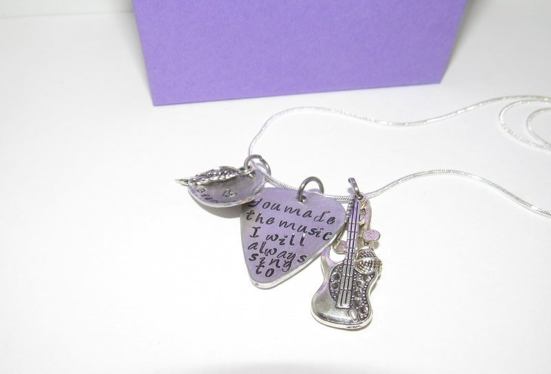 Pewter jewelry , The music I sing to memorial guitar pick necklace, personalized jewelry , custom hand stamped jewelry, handstamped jewelry, view 4