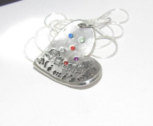 Personalized mom necklace with birthstone, Pewter family charm necklace, mothers jewelry, custom hand stamped jewelry gift for grandma, view 3