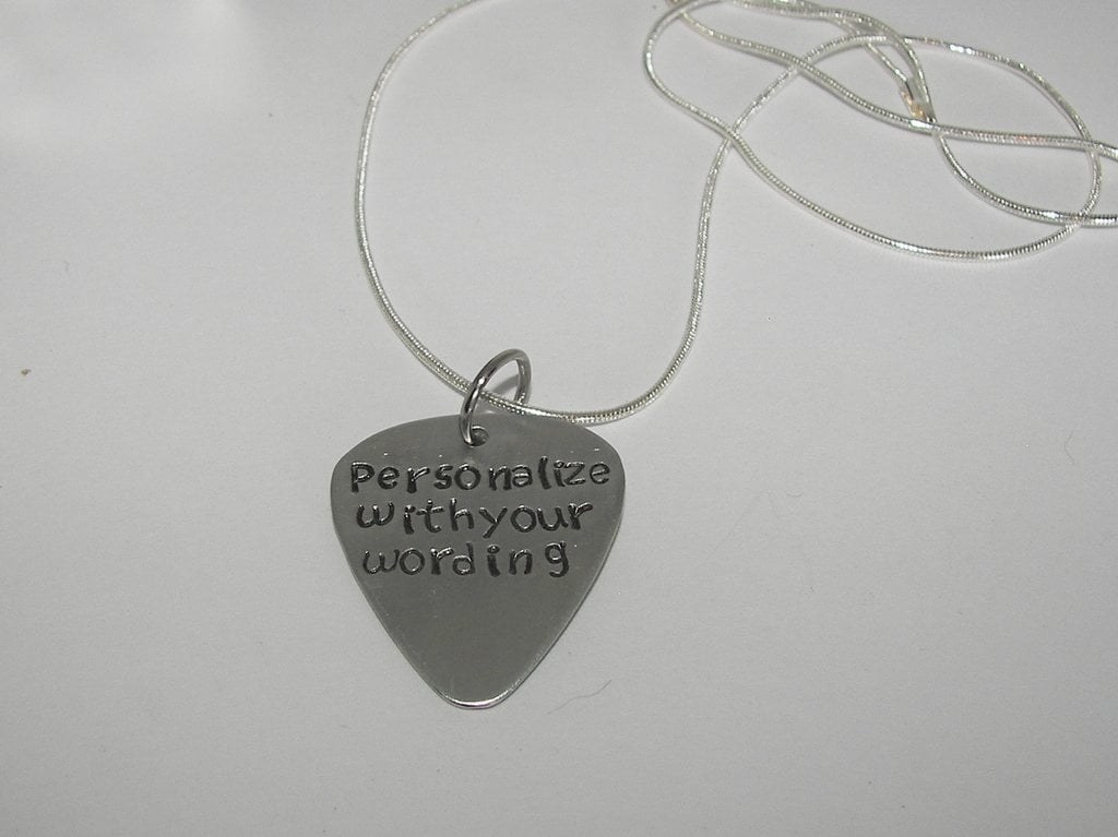 personalized guitar pick necklace , custom hand stamped jewelry , musician gift , pick your wording necklace, handstamped jewelry, view 3