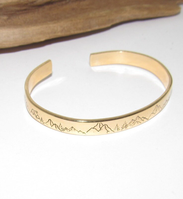 Skinny gold stacking Mountain cuff, tree cuff bracelet, mountain lover gift, adjustable silver cuff, stamped jewelry, stamped cuff bracelet, view 4