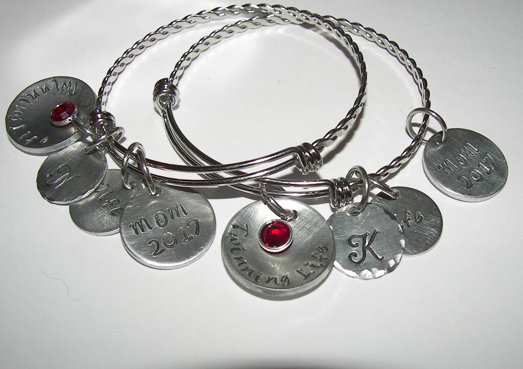 adjustable bangle charm bracelet with kids names and birth stones, personalized jewerly bangle, custom hand stamped jewelry, view 4