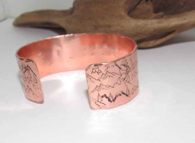 I will lift up my eyes, Wide copper Mountain bracelet with trees, adjustable copper cuff, stamped copper cuff bracelet,, view 5