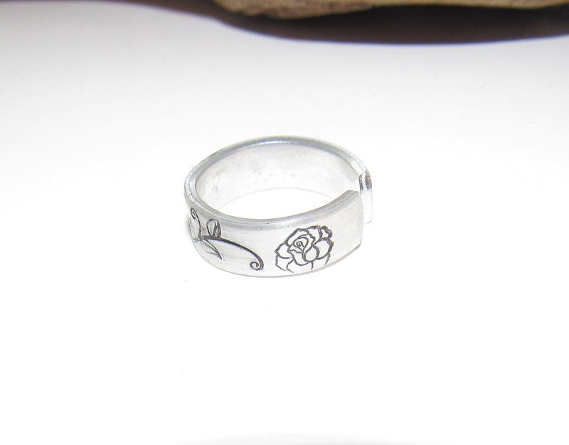 adjustable rose ring birth flower ring, stamped ring, hand stamped jewelry , custom ring, personalized ring, view 5