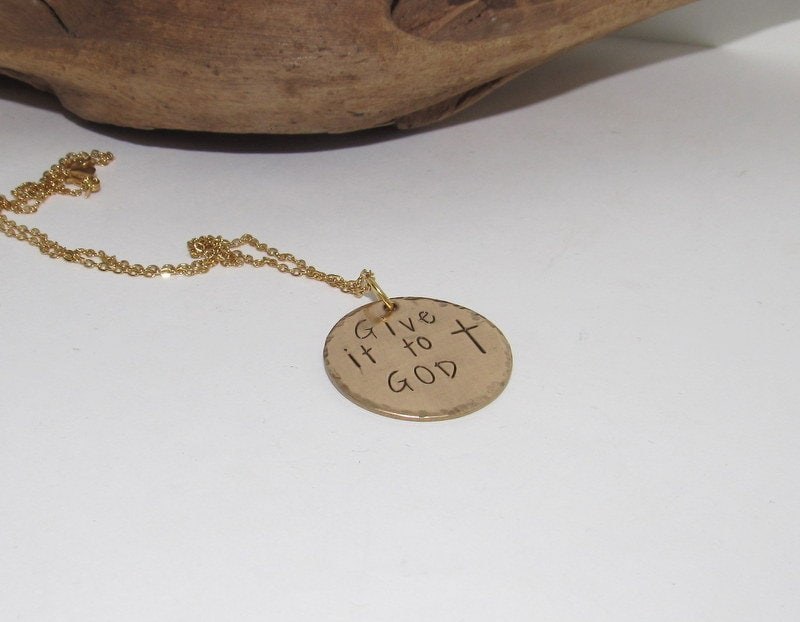 Personalized Give it to God necklace , Gold confirmation gift, baptism gift for her , custom stamped religious jewelry for best friend gift, view 3