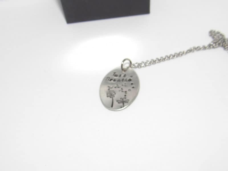 Just breathe dandelion necklace, dragonfly necklace, personalized jewelry for mom, Mothers custom hand stamped jewelry, handstamped jewelry, view 2